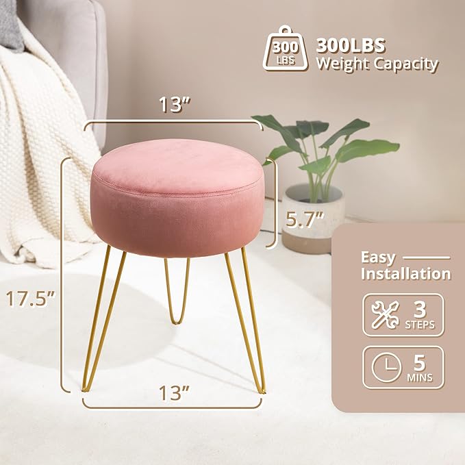 LUE BONA Vanity Stool, Pink Vanity Stools for Makeup Room, Round Ottoman Foot Stool, Velvet Footrest Vanity Chair for Bathroom Vanity, Bedroom, Living Room, Entryway, Offices