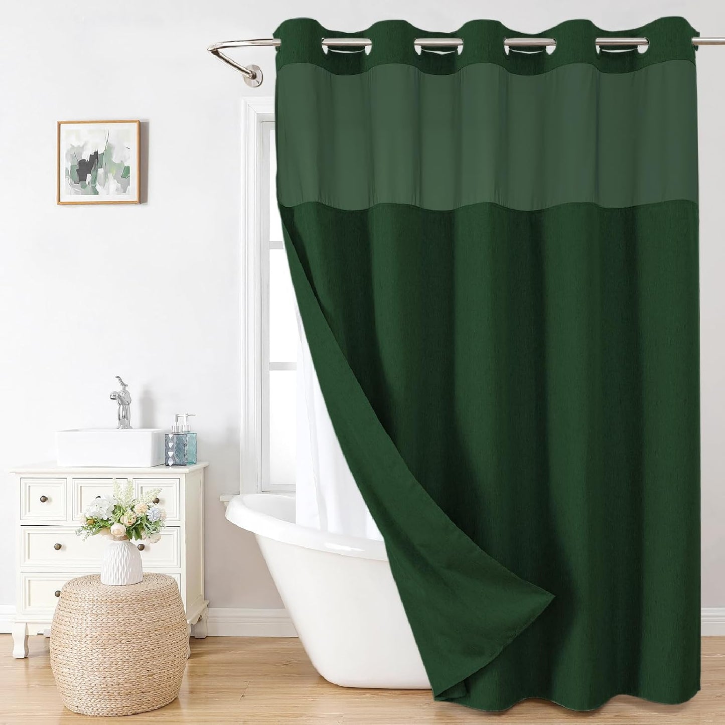 No Hooks Needed Linen Textured Shower Curtain with Snap-in Fabric Liner Set,Hotel Luxury Decor Shower Curtains for Bathroom with Mesh Top Window,Waterproof & Washable,71Wx74H,Emerald Green