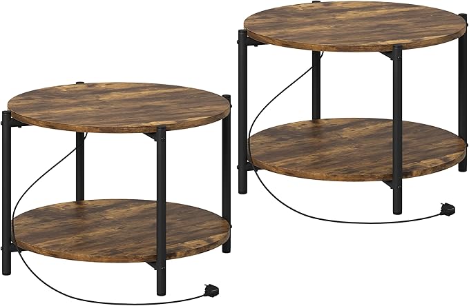LIKIMIO Round Side Table Set of 2, 23.6" W End Table with Charging Station, Modern Wooden Nightstand for Small Spaces, Living Room, Bedroom, Rustic Brown