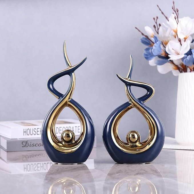 Gold Blue Modern Sculpture Table Decorations, Ceramic Knick Knacks Statues for Living Room Decor, Tv Stand and Desk Decor, Suitable for Coffee Tables and Shelf Decorations, Great Gift Idea