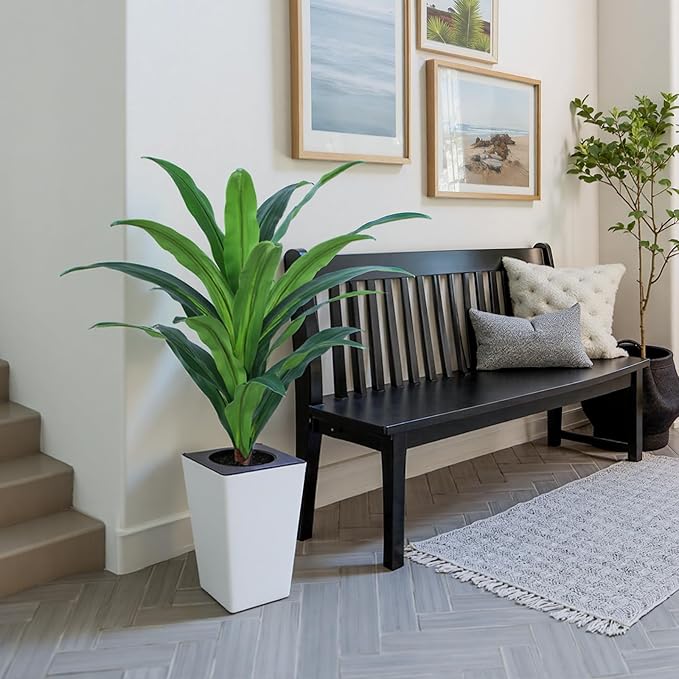 4FT Artificial Dracaena Tree with White Tall Planter-Tall Potted Faux Plants Indoor -Fake Floor Plant for Home Office Living Room Outdoor