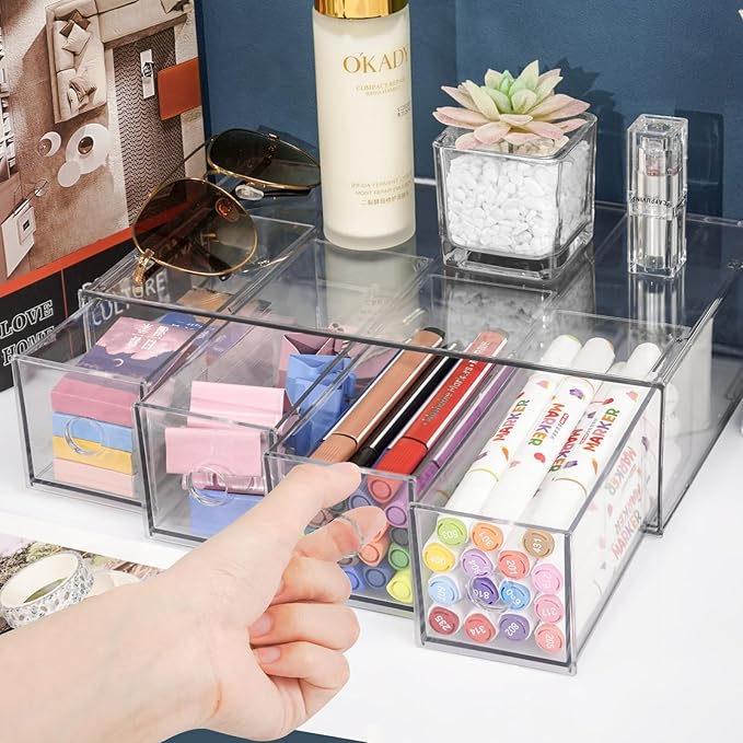 Desk Organizer with 4 Drawers, FODIENS Stackable Desktop Storage Box with Removable Drawer, Clear Sunglasses Organizer Display Case for Stationery Marker Pens Eyeglasses Office Supply
