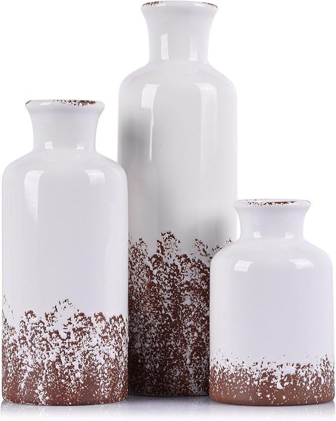 Gray Ceramic Vase Set - 3 Grey Small Vases, Farmhouse Country Flower Vase Home Decor, Living Room Decoration, Table Decoration, Fireplace Decor, and Entrance Decorations Centerpieces