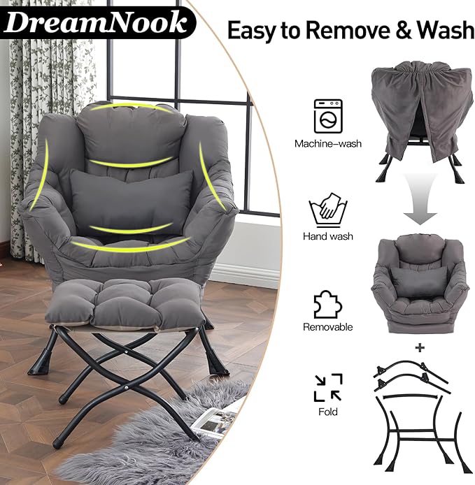 Lazy Chair with Ottoman, Modern Accent Chair with Lumbar Pillow, Comfy Chairs with Folding Footrest for Bedroom, Reading, Oversized Supportive Lounge Chairs(Dark Grey)