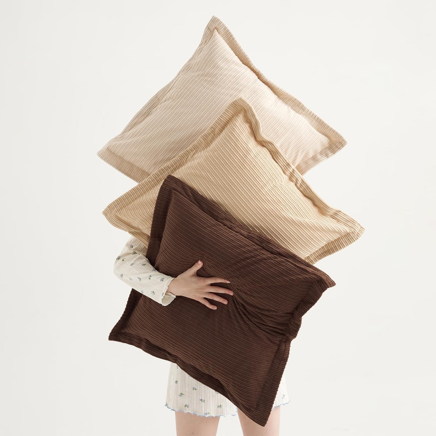 Pack of 3 Boho Vintage Accent Throw Pillow Covers 20x20inch, Soft Corduroy with Stripes Pillow Covers Pillowcases Farmhouse Home Decor for Living Room Bedroom (Deep Brown, Beige & Camel)