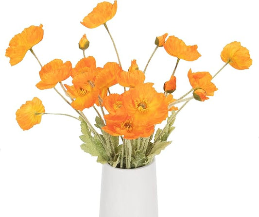 Artificial Poppy Flowers, 5 Bundles Faux Poppies with Stems for Floral Arrangements - Wedding, Home, Office, Party Table Centerpiece Decor (Orange)