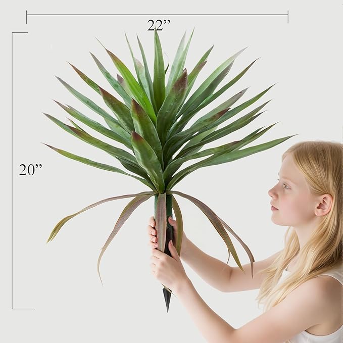 20" Tall Artificial Agave Plant with Ground Stakes Realistic Faux Agave for Indoor/Outdoor Home Decor (2 in 1)