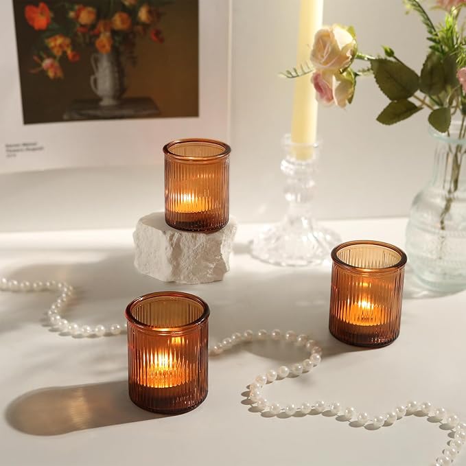36pcs Amber Votive Candle Holders - Fall Decor, Ribbed Glass Tea Light Candle Holder, Candle Votives for Wedding Centerpiece & Home Decor