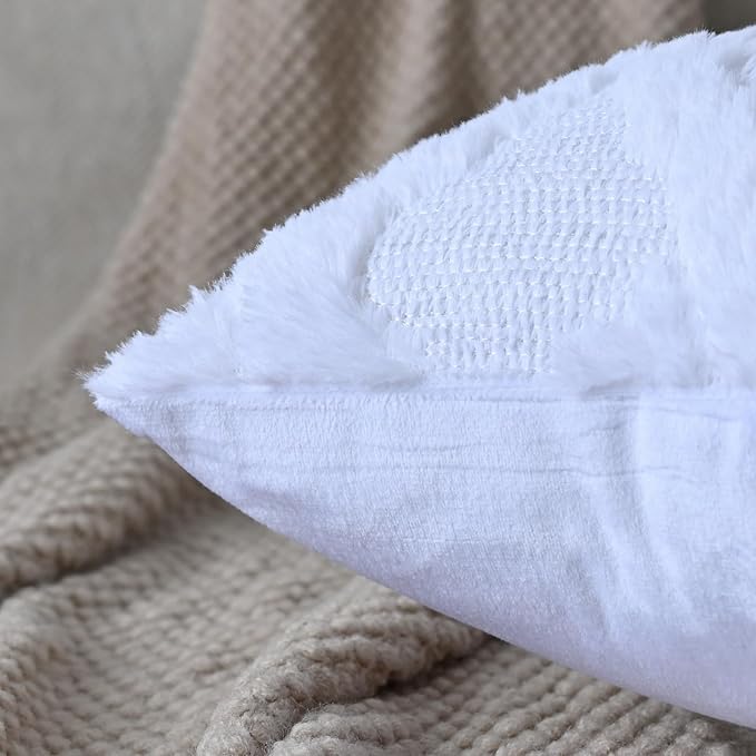 Set of 2 Soft Moroccan Throw Pillow Covers 12x20 Inch Plush Boho Decorative Pillow Cover Accent Cushion Case for Couch Sofa Bed, Pure White