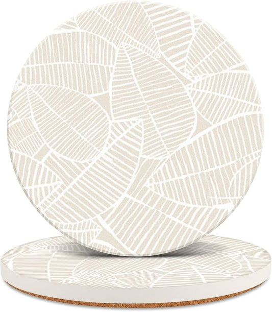 Ceramic Table Coasters for Drinks Set of 2, Cute Desk Office Coasters with Cork, Funny Marble Glass Cup Posavasos Absorbent for Coffee or Plant, Heat-Resistant Protect Furniture (2Pack, Leaf)