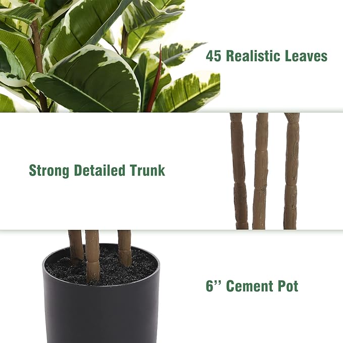 Artificial Rubber Tree Plant 5ft Tall Faux Ficus Tree Potted Fake Tropical Plants Decorative House Plants Large Floor Artificial Trees for Home Office Store Room Decor