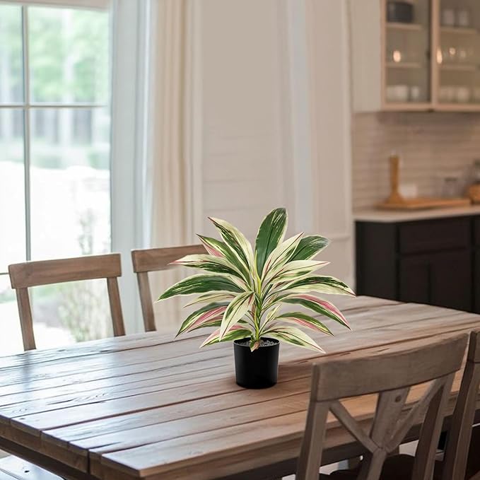 Oairse Artificial Plants Indoor with Pot, 18" Fake Potted Plants Medium Artificial Dracaena Plant in Black Pot Faux Tropical Plants for Bathroom Living Room Office Desk Shelf Decor