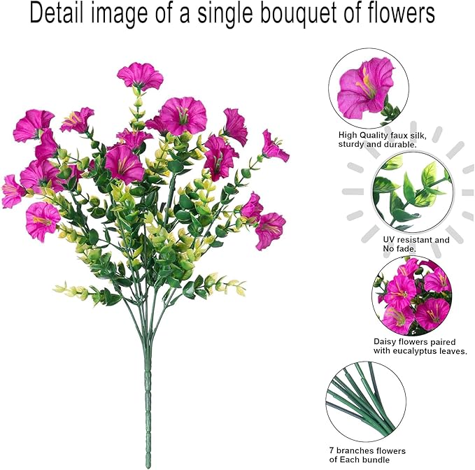 Artificial Outdoor Flowers 16 Bundles Fake Morning Glory Flower Outdoor UV Resistant Plastic Faux Flowers Plants for Decoration Indoor Outdoor Hanging Window Box Planter Home Porch Decor (Fuchsia)