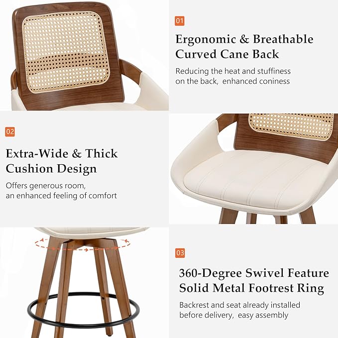 Mid Century Modern Counter Stools - 29.5 inch Swivel Rattan bar stools with Cane Back, Upholstered Faux Leather, Walnut Craftsmanship (Walnut Beige, Set of 3/30 inch)