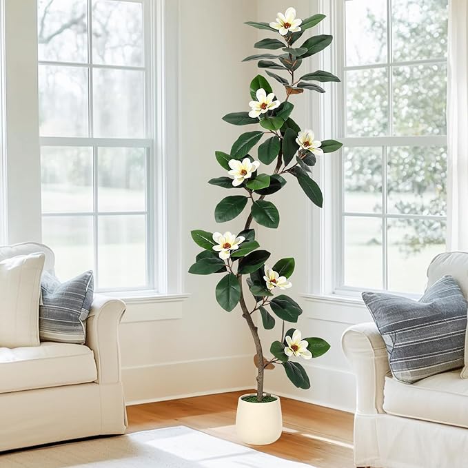 6FT Tall Artificial Rubber Tree with White Planter, Large Fake Magnolia Tree with Flowers & Green Leaves, Big Faux Floor Plant for Indoor Living Room Office Home Decor