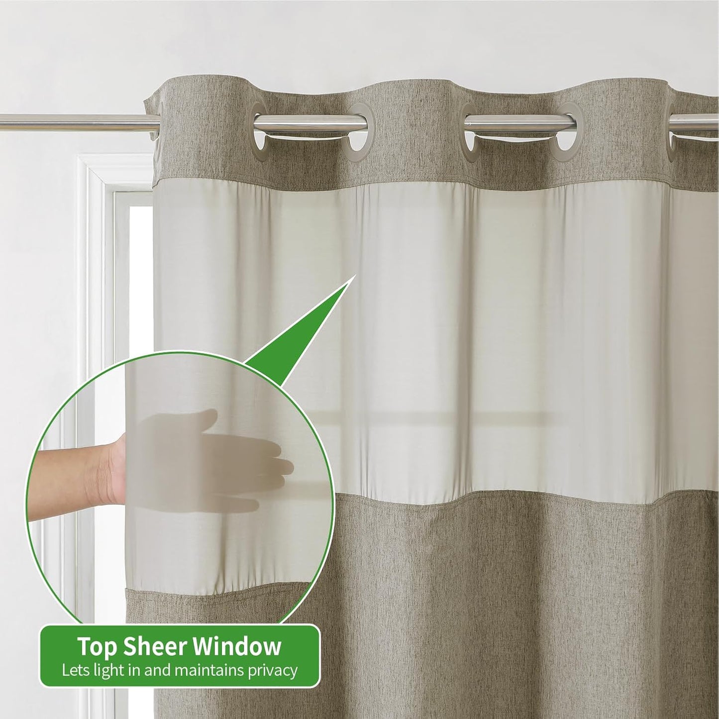 Long No Hooks Needed Linen Textured Shower Curtain with Snap-in Fabric Liner Set,Hotel Luxury Decor Shower Curtains for Bathroom,Waterproof & Washable,71Wx80H,Khaki/Tan