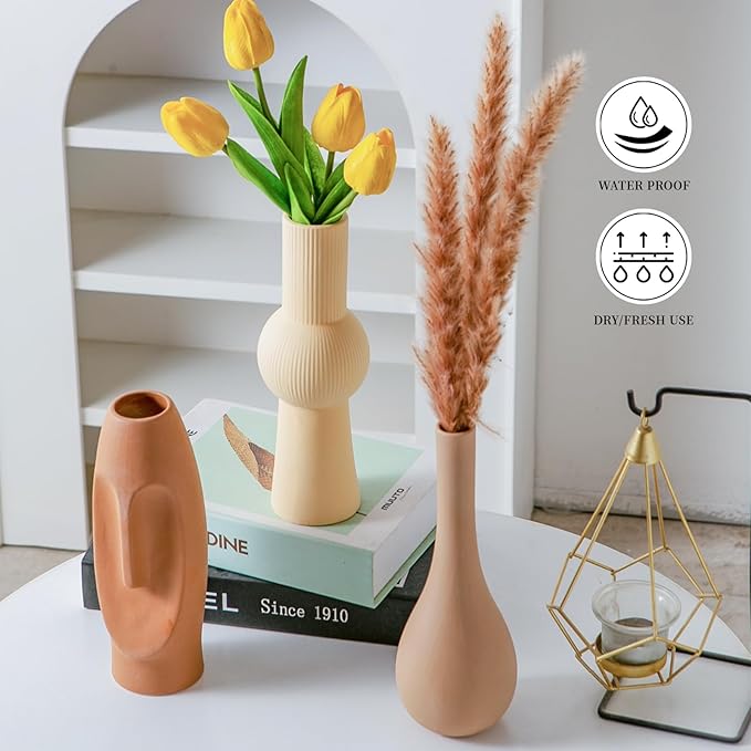 Ceramic Flower Vase Set of 3, Home Decor Vases for Centerpieces, Tulips Flowers Pampas Grass Decor, Boho Rustic Farmhouse Kitchen Bedroom Bathroom Living Room Office Wall Decor Aesthetic -Beige