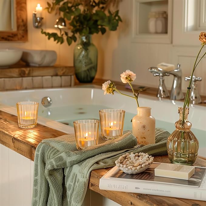 ComSaf Votive Candle Holders, 12 PCS Glass Candle Holders, Ribbed Tealight Candle Holder for Table Centerpieces, Gold Candle Holder for Wedding, Party, Baby Shower, Special Occasions, Fall Home Decor