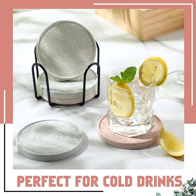 Photect Diatomaceous Earth Coasters Set with Holder Absorbent Stone Drink Coasters Instant Drying Tray for Tabletop Protection Home Decoration Housewarming Gift(Mint,6 Pcs)