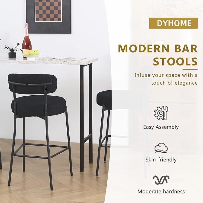 DYHOME Bar Stools Set of 6,Black 28 inch Counter Height Bar Stools with Curved Back, Boucle Fabric & Metal Frame Barstools for Kitchen Island, Modern Bar Chairs Set for Kitchen Counter