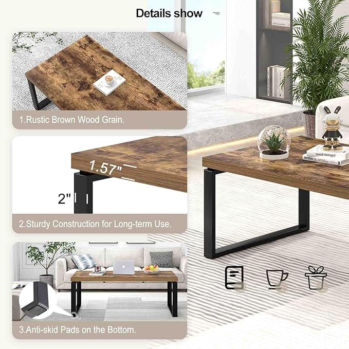 EXCEFUR Modern Coffee Table, Industrial Wood and Metal Center Table for Living Room, Rectangle Cocktail Tea Table for Home Office, Rustic Brown, 47 Inch