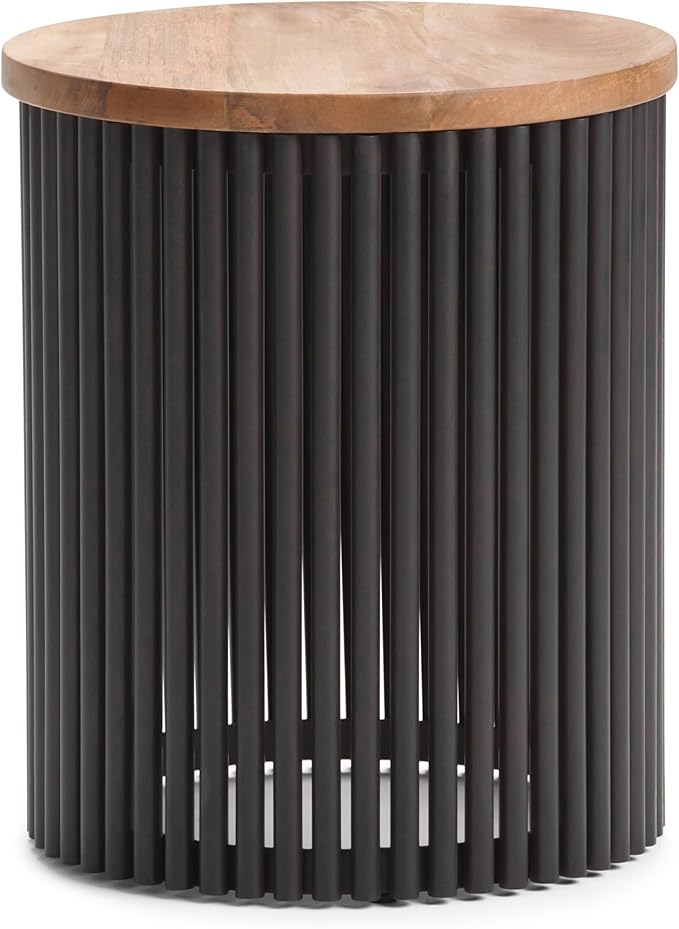 SIMPLIHOME Demy 18-inch Wide Metal and Solid Mango Accent Table in Natural/Black, Round Side Table with Mango Wood Top for Living Room or Bedroom, Industrial Style, Assembled