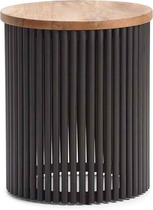 SIMPLIHOME Demy 18-inch Wide Metal and Solid Mango Accent Table in Natural/Black, Round Side Table with Mango Wood Top for Living Room or Bedroom, Industrial Style, Assembled