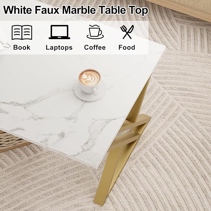Coffee Table Living Room Table White Center Table, Simple Modern Faux Marble Rectangular Tea Tables with Sturdy Gold Metal Frame,Industrial Wooden Coffee Table for Bedroom Home Office