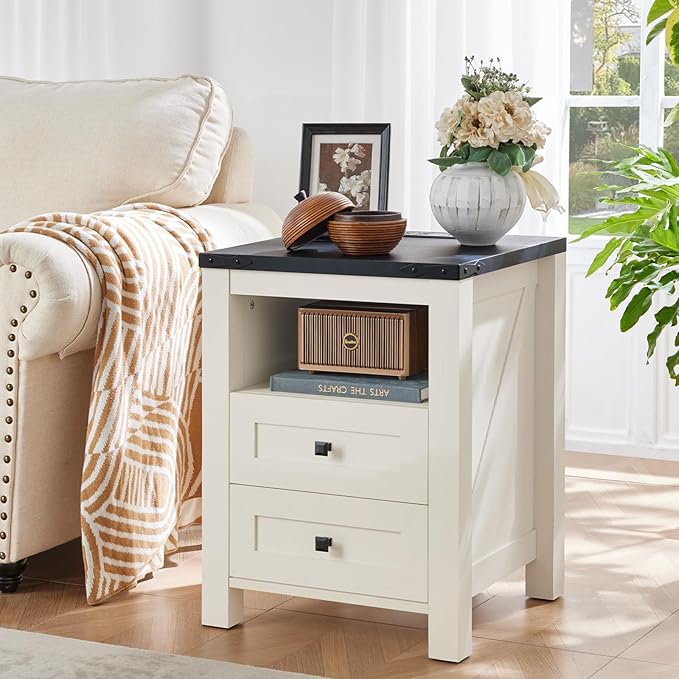Nightstand with Charging Station and USB Port, Farmhouse Side End Table with 2 Drawers and Open Shelf, Wood Rustic Sofa Table, Bedside Cabinet for Bedroom, Living Room, Closet, Office (White)