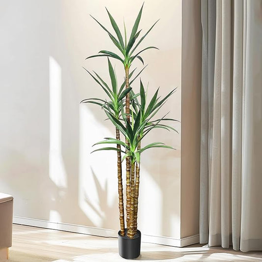 Artificial Trees 72 Inch/ 6Ft Faux Tree 4 Trunks Agave Plant, Tall Fake Plant with Plastic Pot for Home Decor, Office Decor