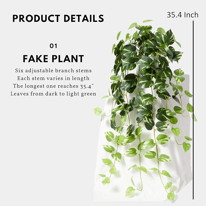 CADNLY Realistic Artificial Plants Indoor in Pot – Green Faux Hanging Plants Artificial Decor Fake Pothos Potted Home Decor Shelves Tabletop Office 1 Pack