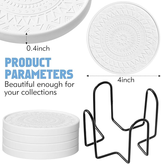 Photect Diatomaceous Earth Coasters Set with Holder Absorbent Stone Drink Coasters Instant Drying Tray for Tabletop Protection Home Decoration Housewarming Gift(White,4 Pcs)