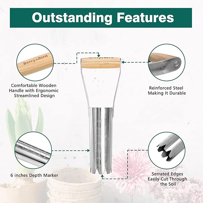 Berry&Bird Garden Bulb Planter with 6 inches Depth Mark, Garden Bulb Transplanter Tool with Wooden Handle, Stainless Steel Soil Release Tool for Transplanting Digging Planting Flowers