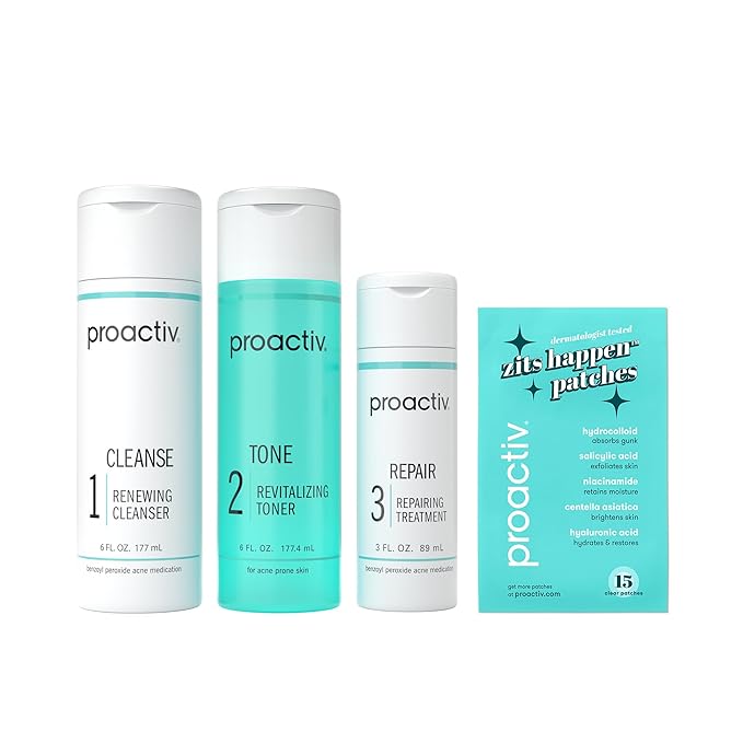 Proactiv 3 Step Acne Treatment w/ Pimple Patches - Benzoyl Peroxide Face Wash, Repairing Acne Spot Treatment for Face and Body, Exfoliating Toner - 90 Day Complete Acne Skin Care Kit + Pimple Patches