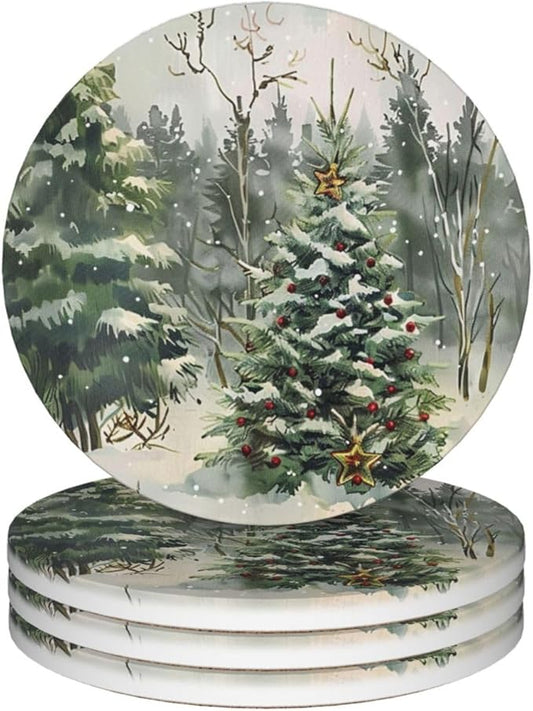 Winter Christmas Tree Coasters for Drinks Red Bell Absorbent Ceramic Coaster Set of 4 for Coffee Table Cup Bar Coasters with Cork Base Round Stone Mats Holiday Housewarming New Home Decors