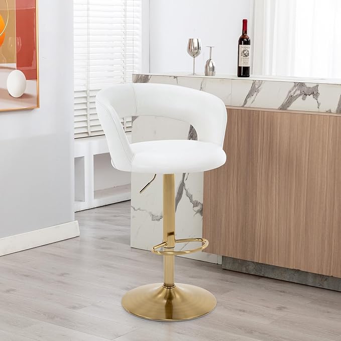 Brage Living Wide Bar Stool, Modern PU Leather Swivel Adjustable Barstool with Hollow Back and Arms, Upholstered Airlift Counter Height Bar Chair for Kitchen Dining (Pearl White, Gold Base)