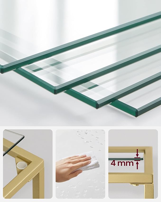 VASAGLE Bookcase, 5-Tier Bookshelf, Slim Shelving Unit for Bedroom, Bathroom, Home Office, Tempered Glass, Steel Frame, Metallic Gold ULGT029A01