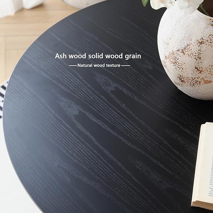 34.25" Round Wood Dining Table,Wooden Trestle Pedestal Base on Stainless Steel Plate,Small Space Kitchen Table,Modern Circular Tabletop for Kitchen, Dining Room,Negotiation Room,Cafe(Black)