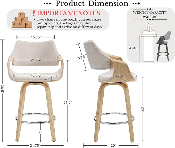26’’ Modern Barrel Swivel Counter Stools Counter Height Swivel Bar Stools with Backs Set of 6, Beige Chenille Upholstered Bar Height Island Chairs, Farmhouse Solid Wood Barstools for Kitchen Island