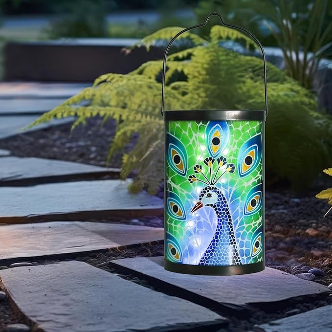Afirst Hanging Solar Lantern Outdoor Glass Peacock Lights Waterproof LED Lamp for Garden Yard Tree Desk Decor