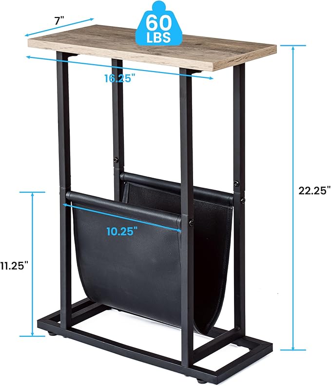 Narrow Side Table with PU Leather Magazine Holder Rustic Slim Little Thin Table for Living Room, Bedroom, Sofa, Grey