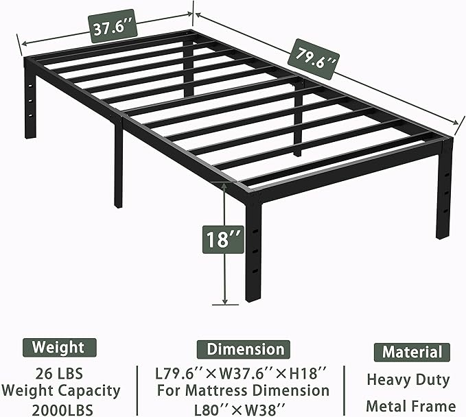 18 Inch Twin XL Bed Frame Metal, Platform Bed Frame Twin XL Size, Easy Assembly, Heavy Duty, No Box Spring Needed