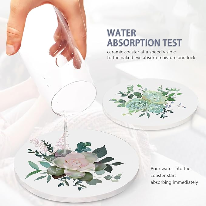 Table Coaster for Drinks Set of 6, Cactus Succulent Flower Round Ceramic Coasters,with Cork Base and Metal Holder,Great Housewarming Birthday Gifts,Home Decor