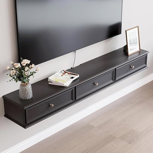70-inch Wall-Mounted TV Stand, Accommodates 50- to 75-inch TVs, Features Hidden Cable Management, high Weight Capacity, and Space-Saving Black Floating TV Stand