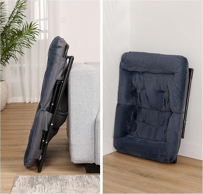 Comfy Saucer Chair for Adults, Soft Faux Fur Bedroom Chair with Ottoman, Accent Dorm Chairs, Living Room Reading Chairs and Footstool, Folding Lounge Seat for Teens, X-Large, Navy Blue