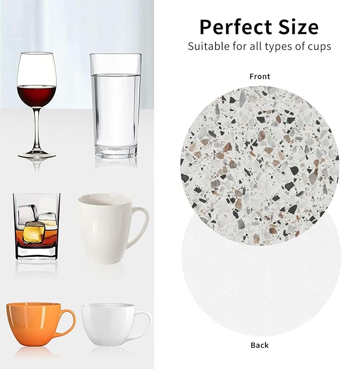 Terrazzo Coasters Set of 6 Coasters for Drinks Absorbent Double-Sided Leather PVC Coaster for Tabletop Protection Coffee Table Decor Ideal for Home Decor House Warming Gifts