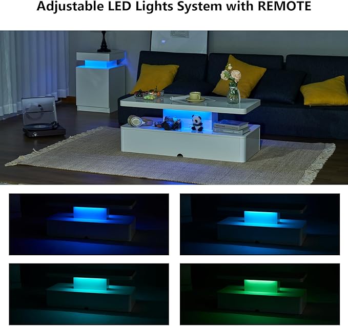 oneinmil Modern Stylish Coffee Table with 16 Colors LED Lights, Double-Layer Design for Living Room, White