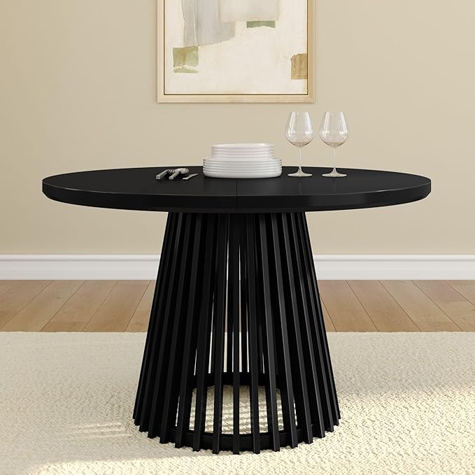 Plank+Beam Lido Round Dining Table, 47", Wooden, Pedestal, Minimalist Kitchen Table for 4 for Dining Room, Black