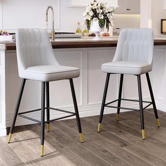 Counter Height Bar Stools Set of 2,Modern Bar Stools Set of 2,Light Grey Faux Leather Barstools with Back and Footrest,27"Bar Chairs for Kitchen Island,Cafe,Pub,Bar,Dining Room,Hold Up to 500 LBS