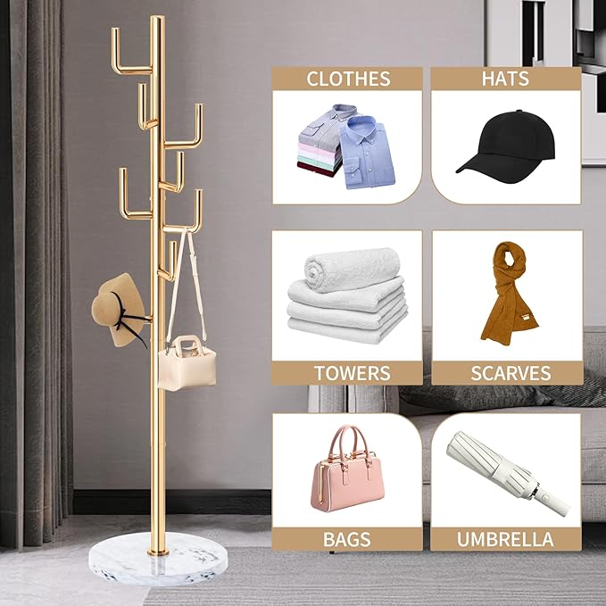 Modern Metal Coat Rack Stand with Natural Marble Base, Heavy Duty Coat Rack Freestanding with 8 Hooks, Golden Cactus Standing Coat Racks for Bag, Jacket, Entryway Office (Golden Cactus)